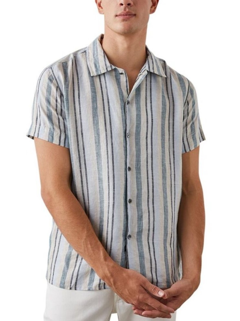 Rails 100% Linen Amalfi Catalan Stripe Button Up Shirt Blue Green Tan Cream L